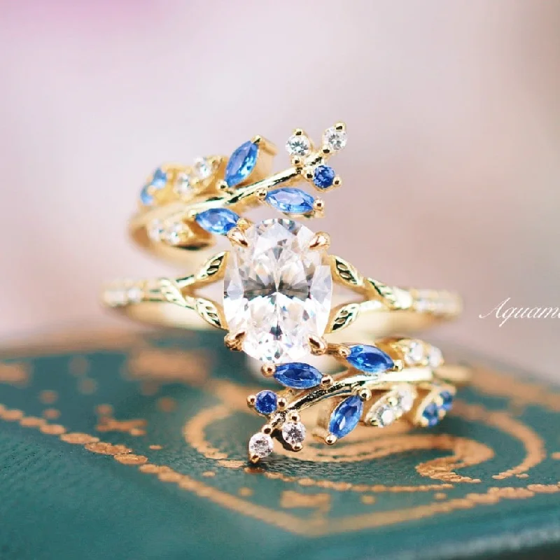 Blue Sapphire & Moissanite/Diamond Leaf Engagement Ring Set- 14K Solid Yellow Gold