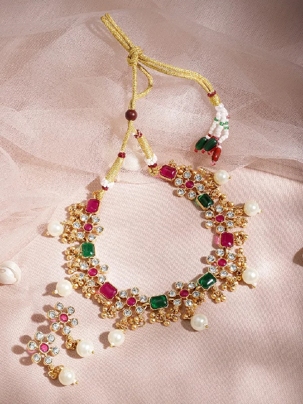 22KT Gold Plated Brass Red And Green Stone Studded Pearls Hanging Jewellery Set