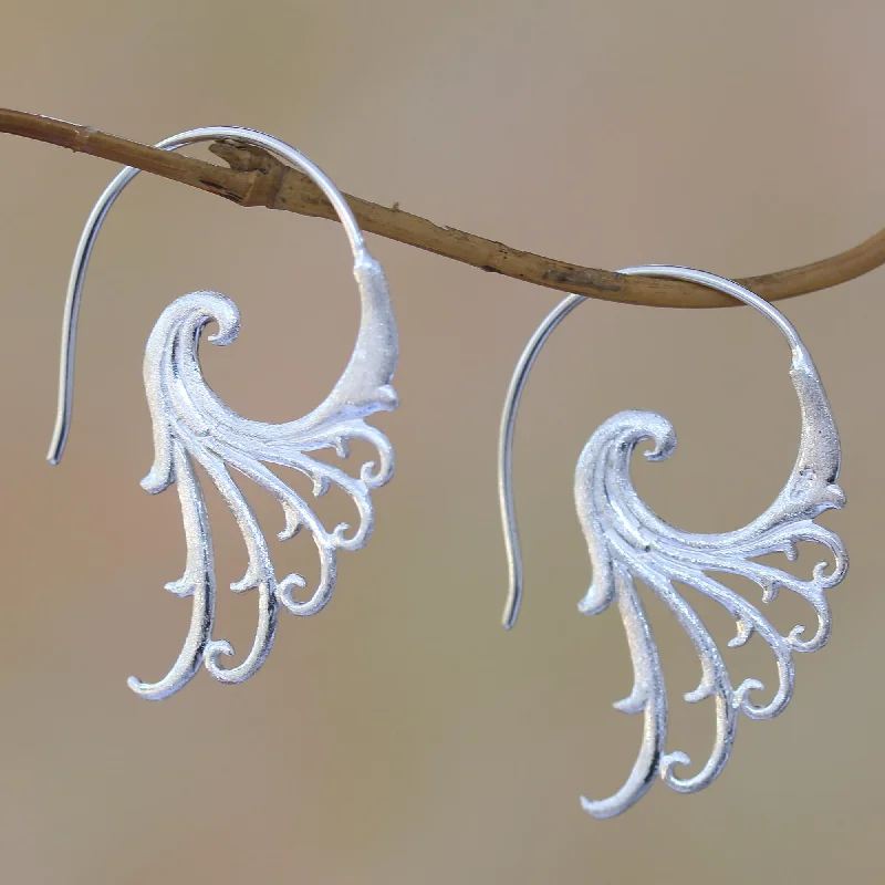 Angelic Wings Curling Motif Sterling Silver Half-Hoop Earrings from Bali