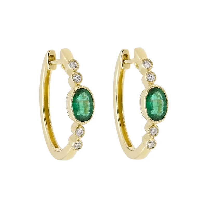 Dabakarov Oval Emerald Hoop Earrings in 14kt Yellow Gold with Diamonds (1/7ct tw)