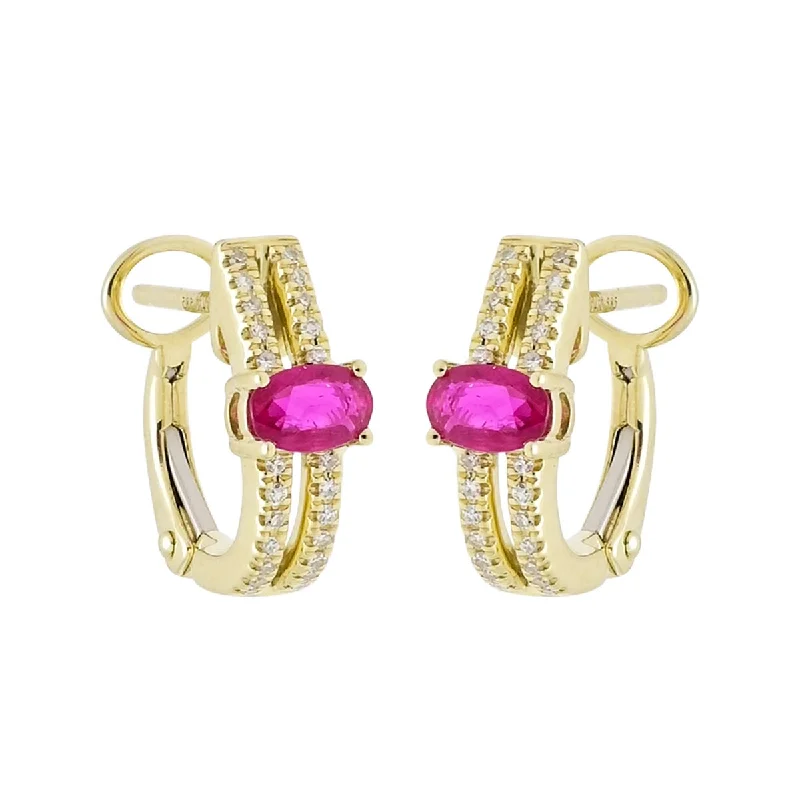 Dabakarov Oval Ruby Hoop Earrings in 14kt Yellow Gold with Diamonds (1/10ct tw)