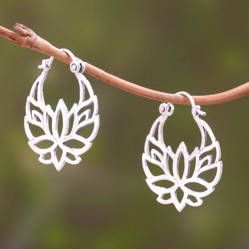 Elegant Padma Sterling Silver Lotus Flower Hoop Earrings (1 inch)