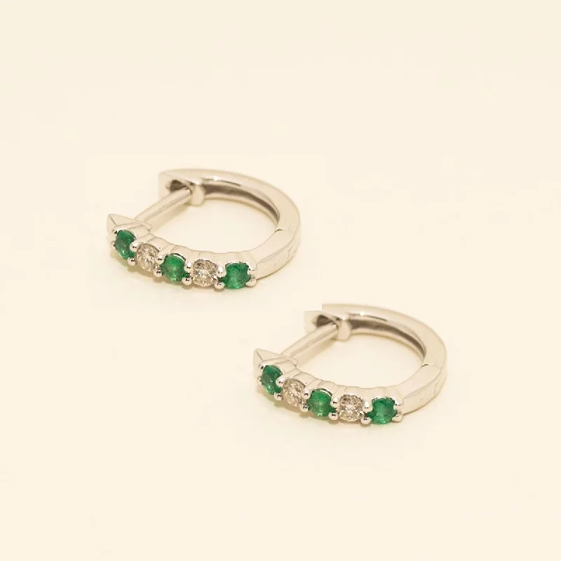 Emerald Huggie Hoop Earrings in 14kt White Gold with Diamonds (1/10ct tw)