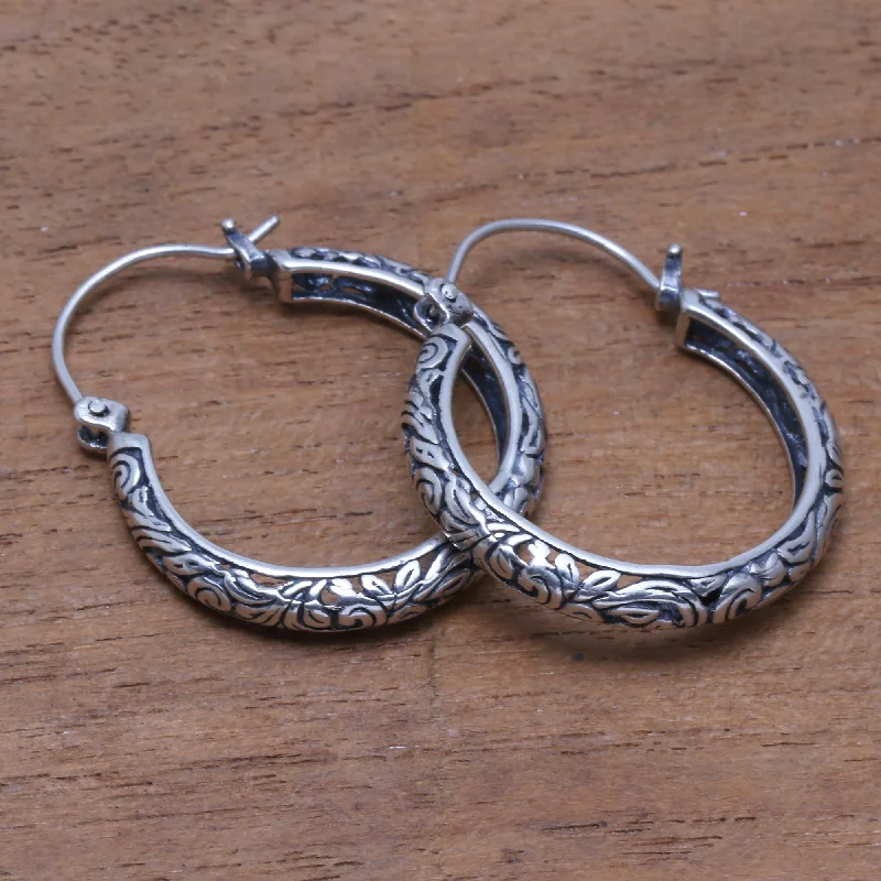 Loop Tradition Patterned Sterling Silver Hoop Earrings from Bali