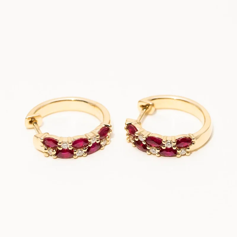 Marquise Ruby Hoop Earrings in 14kt Yellow Gold with Diamonds (1/7ct tw)