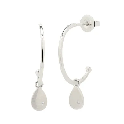 Pear Satin Charm Hoop Earring in Sterling Silver with Diamonds (.01cttw)