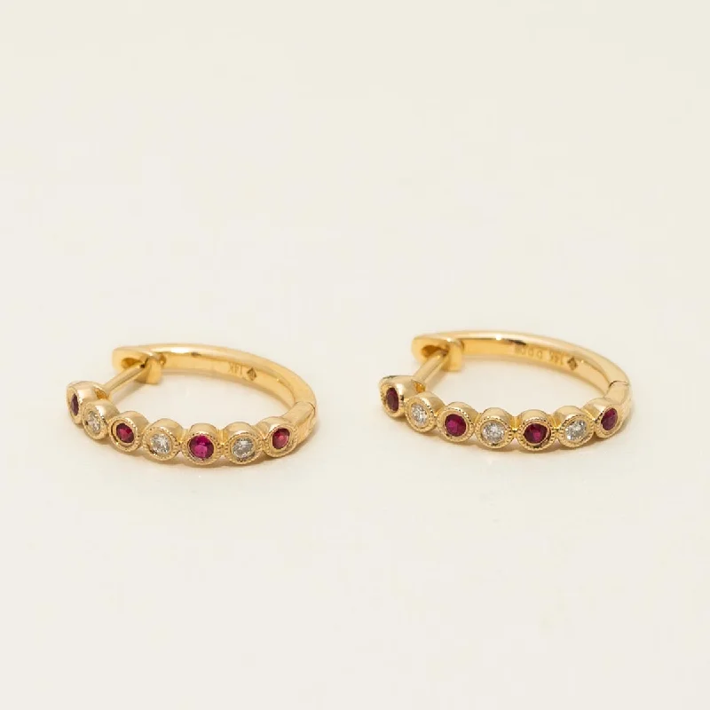 Ruby Hoop Earrings in 14kt Yellow Gold with Diamonds (1/10ct tw)