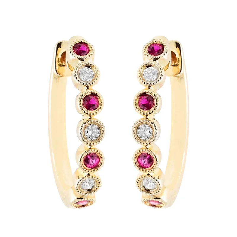 Ruby Oval Hoop Earrings in 14kt Yellow Gold with Diamonds (1/7ct tw)