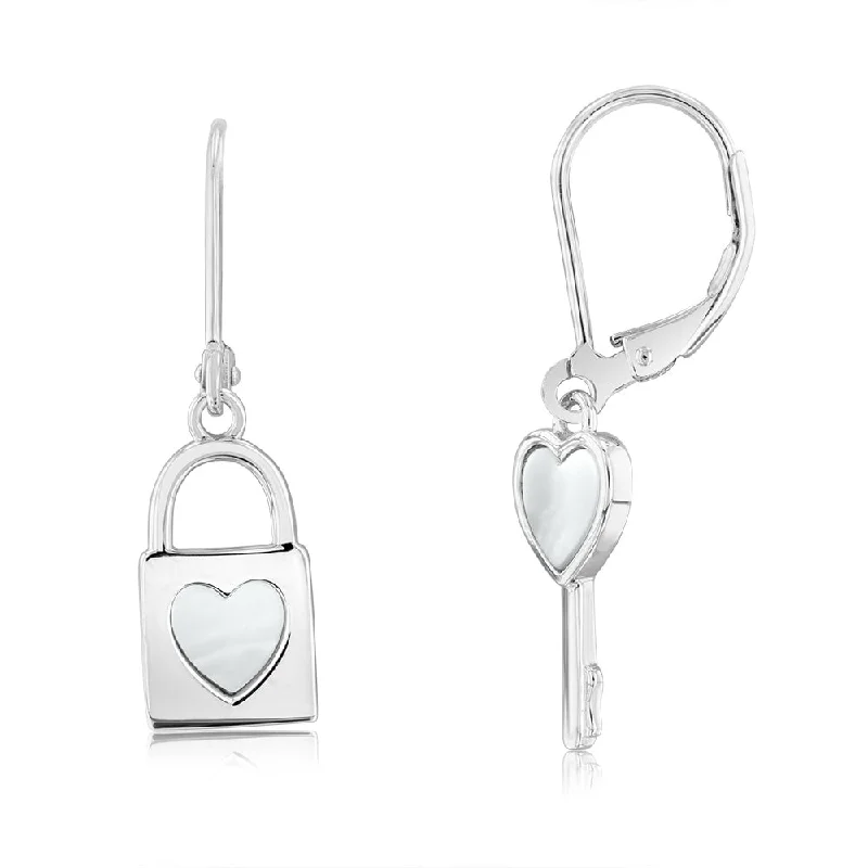 Sterling Silver Mother Of Pearl Lock And Key Hoop Earrings