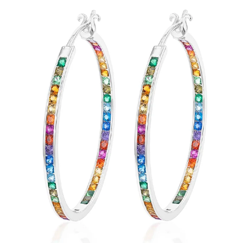 Sterling Silver Multicolour Rainbow Cubic Zirconia 40mm Hoop Earrings