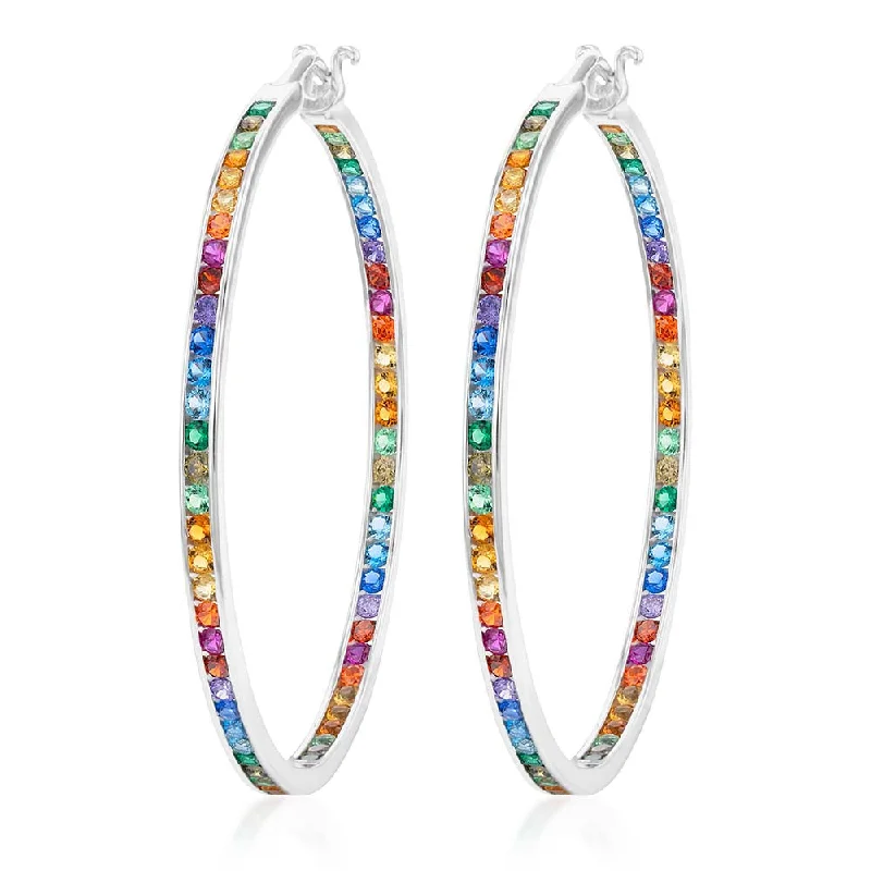 Sterling Silver Multicolour Rainbow Cubic Zirconia 50mm Hoop Earrings