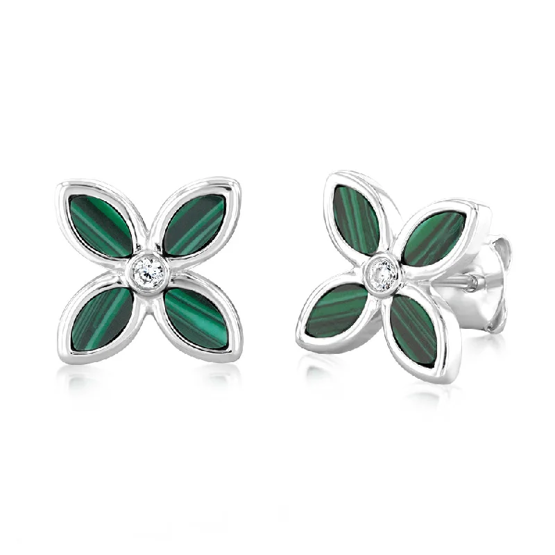 Sterling Silver Rhodium Plated Created Malachite Four Petal Stud Earrings