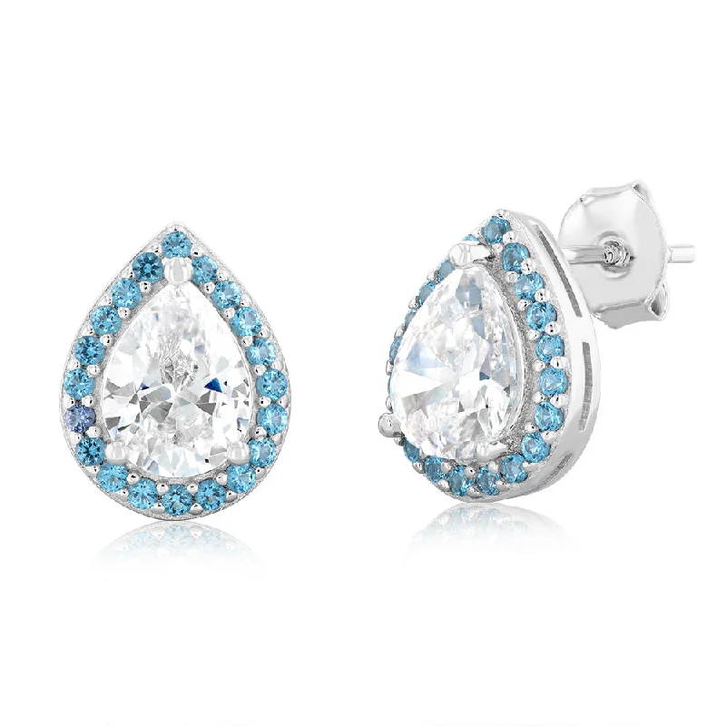 Sterling Silver Rhodium Plated Pear Shaped Blue And White Zirconia Stud Earrings