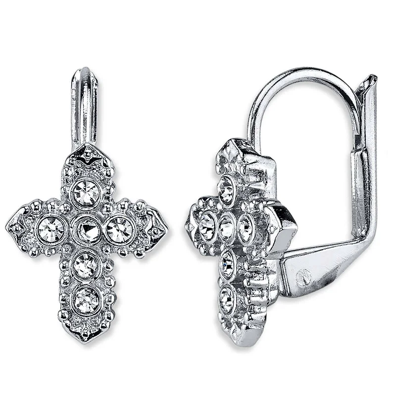 Symbols Of Faith Crystal Cross Lever Back Earrings