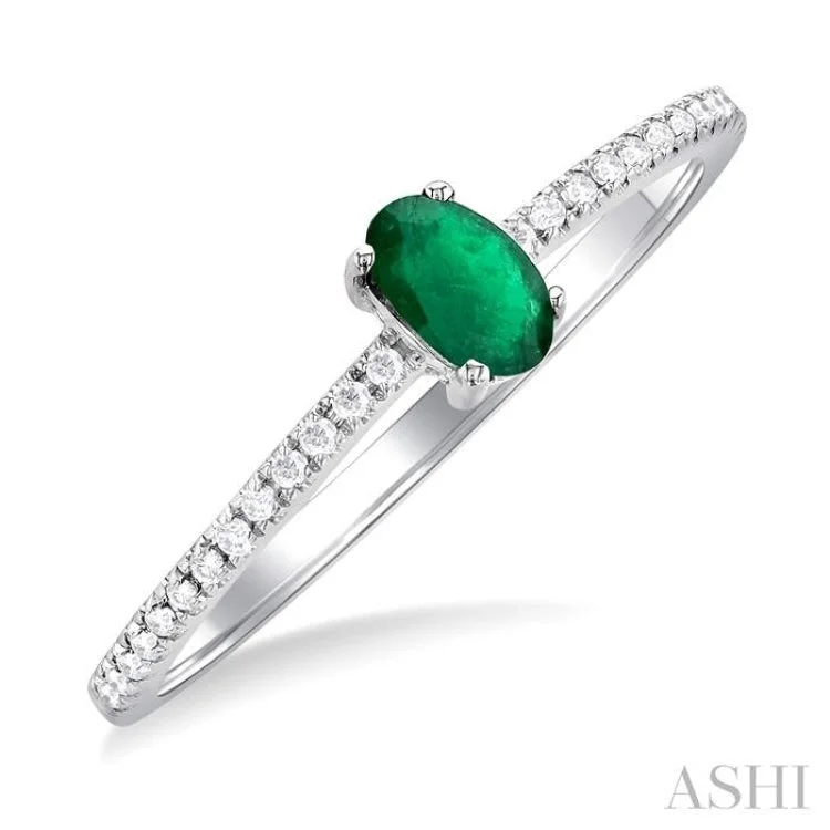 1/10 ctw Petite 5x3 MM Oval Cut Emerald and Round Cut Diamond Precious Fashion Ring in 10K White Gold