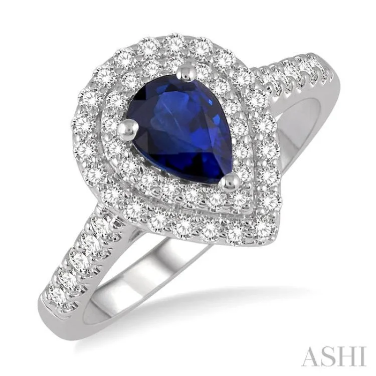 1/2 Ctw Pear Shape 7x5 MM Sapphire & Round Cut Diamond Precious Ring in 14K White Gold