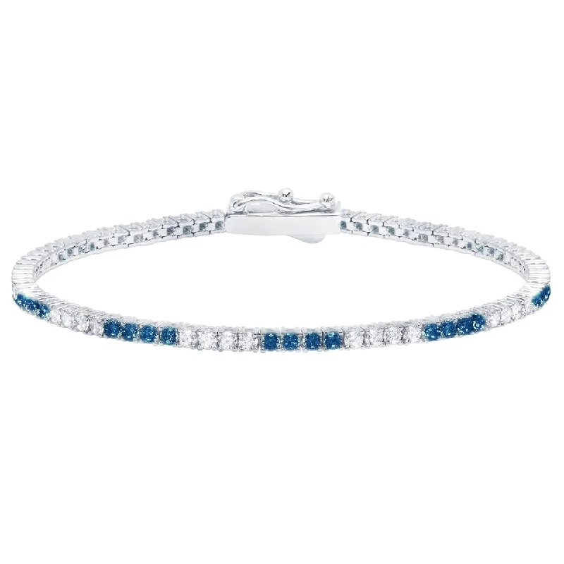 Crislu Blue and White Cubic Zirconia Tennis Bracelet in Sterling Silver with Platinum Finish