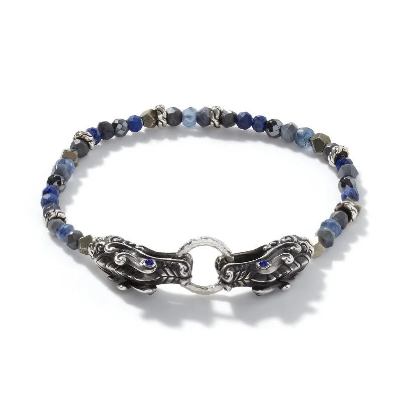 John Hardy Legends Naga Sapphire Double Dragon Head Bracelet in Sterling Silver with Multicolor Beads